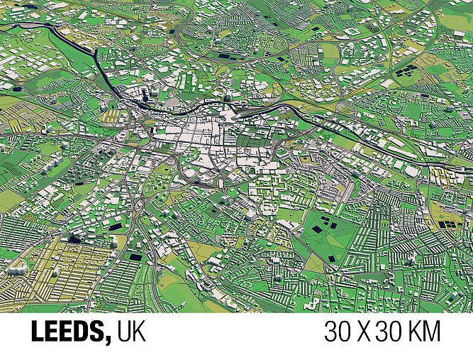 Leeds England UK 30x30km 3D City Map