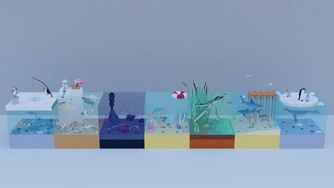 Low poly aquatic scenes set