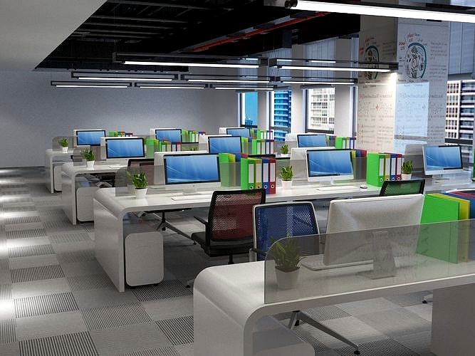 Office Design with Open-Space Area and Private Cubicles