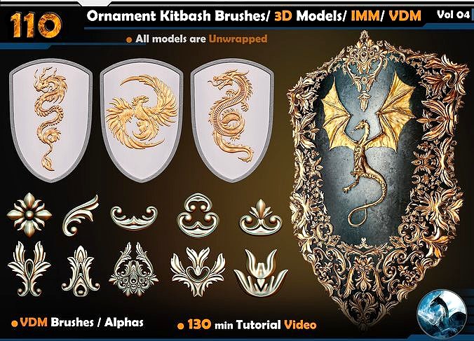 110 Ornament Kitbash Brushes- 3D Models- IMM- VDM Vol 04