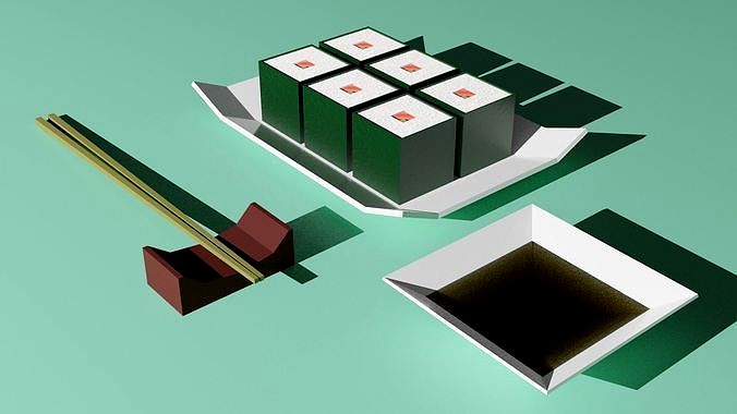 Sushi with chopsticks and souse PBR low-poly normales