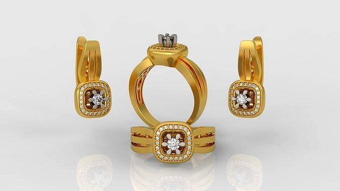 Ring and Earrings Diamond jewelry set 3d print model A 01 | 3D
