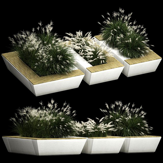 Bench flowerbed with bushes made of reeds and feather grass 1133
