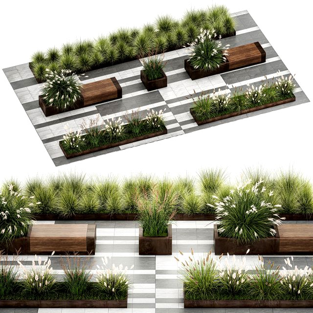 Bushes with bench for outdoor environment 1148