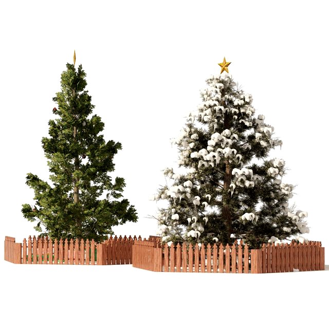 2 outdoor Christmas trees with wood fence