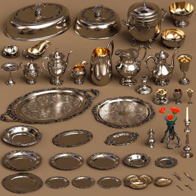 lowpoly silver holloware service set 44 items