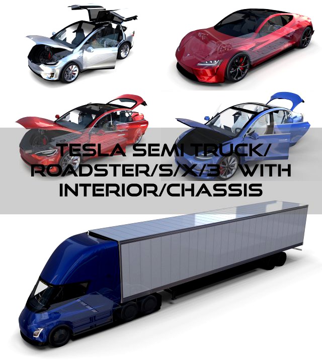 tesla packsemi roadster model s x 3 with interiors and chassis