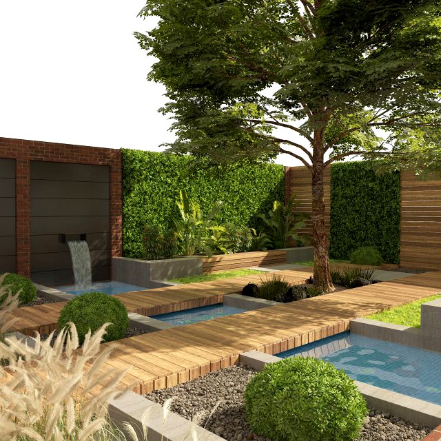 Exterior Garden yard scene with plants and small pool