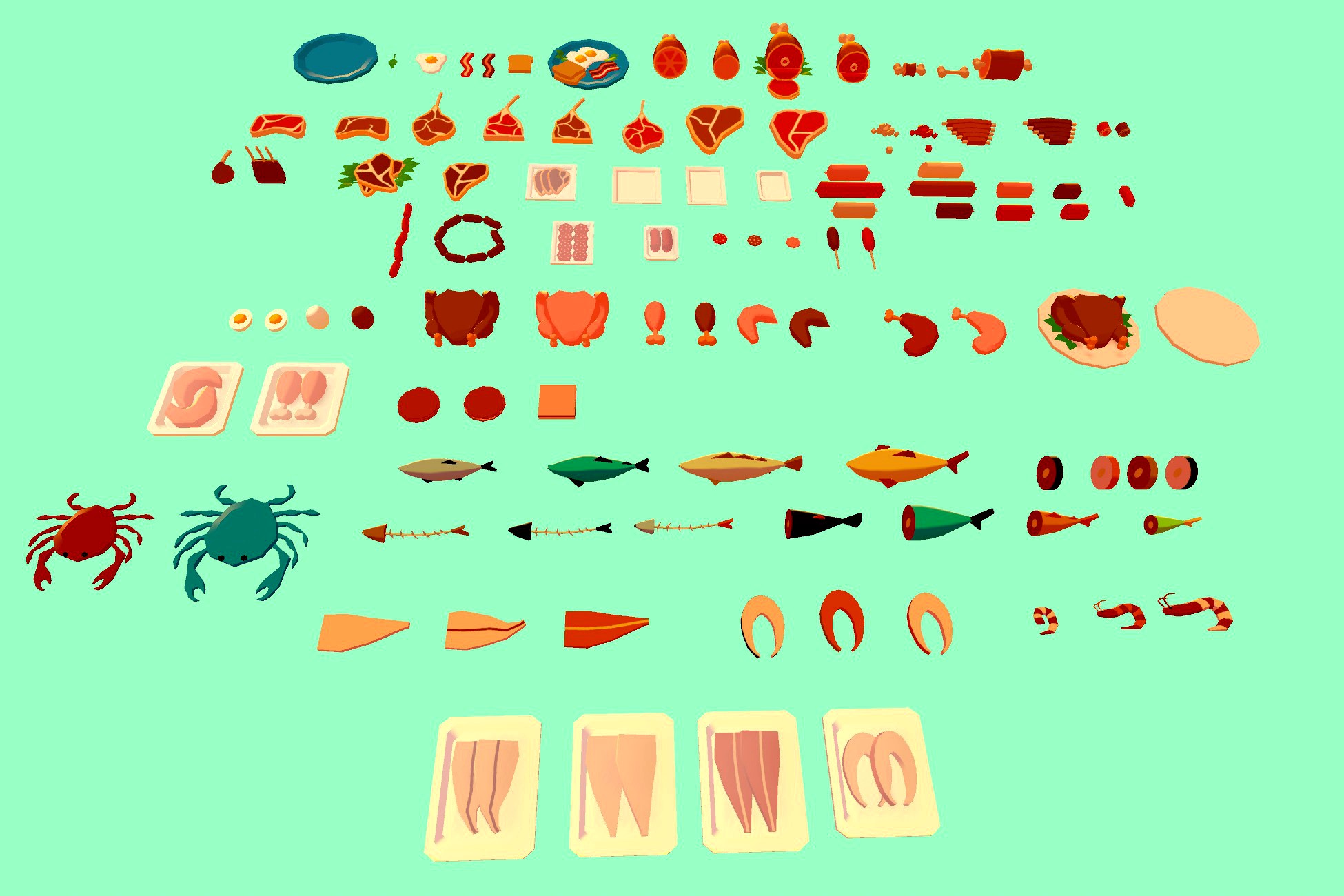 Low Poly Fresh Meat Chicken Fish Seafoods Ham Charcuterie Delicatessen Pack