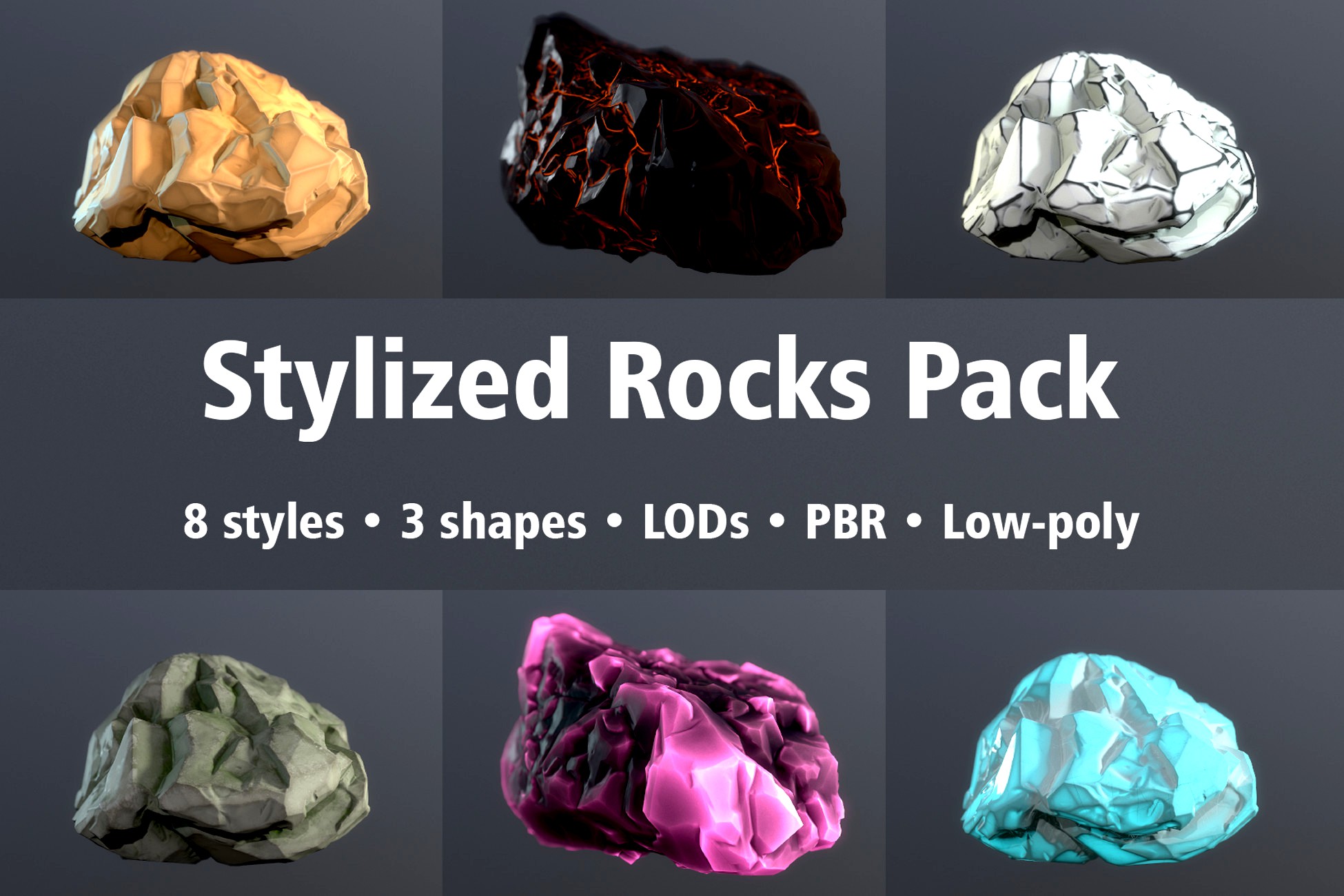 Stylized Rock Pack - 8 styles, 3 shapes, LODs, PBR