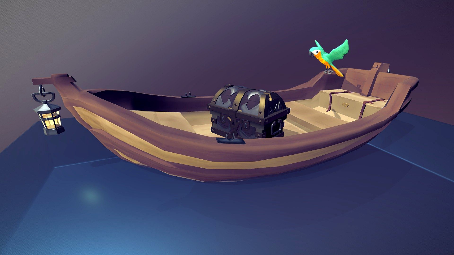 Sea Of Thieves rowboat, chest and parrot