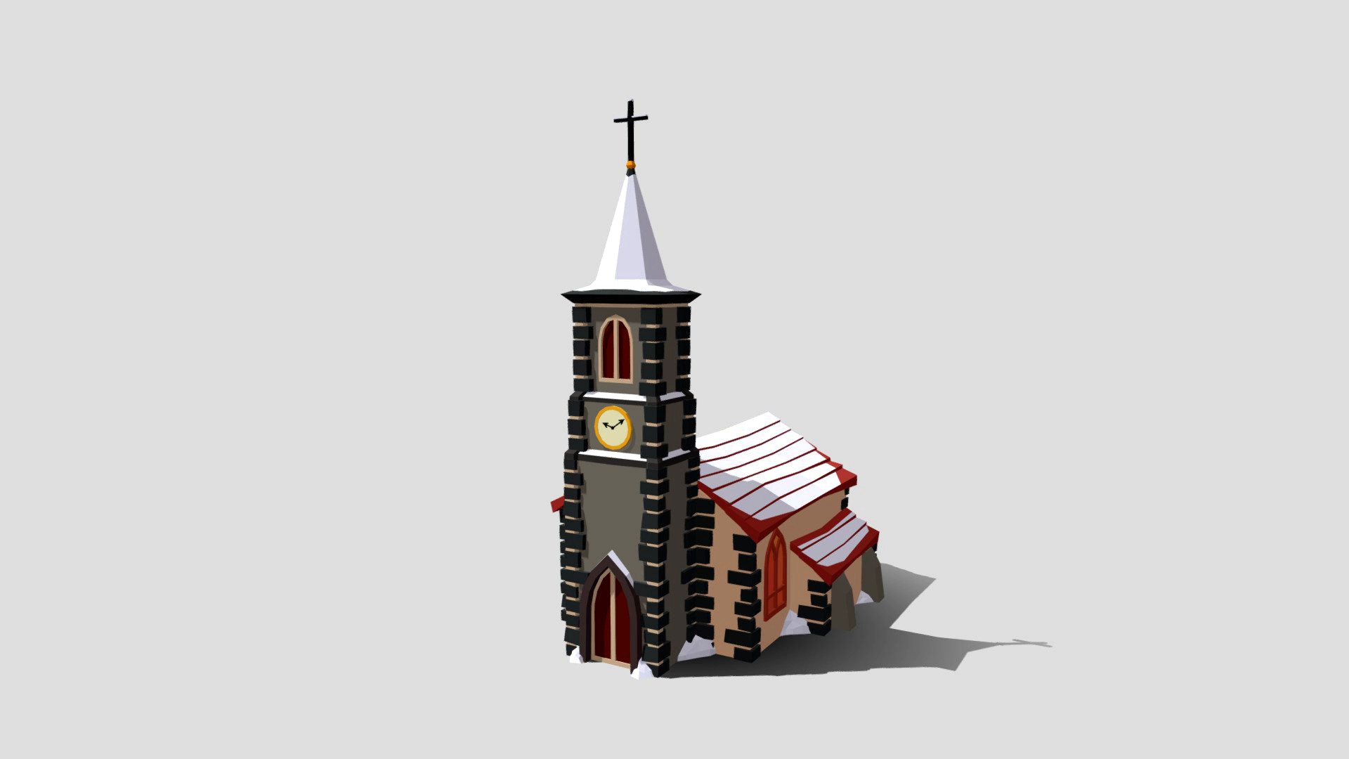 Low poly medieval church with snow