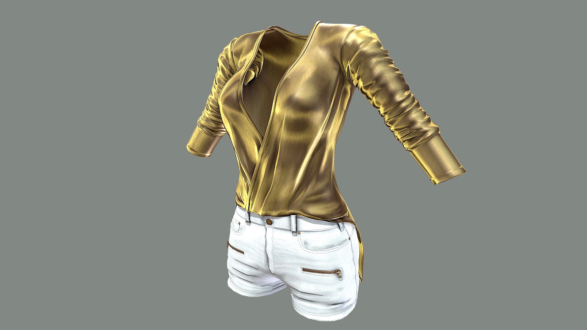 Female Mini White Shorts Gold Wrap Shirt Outfit