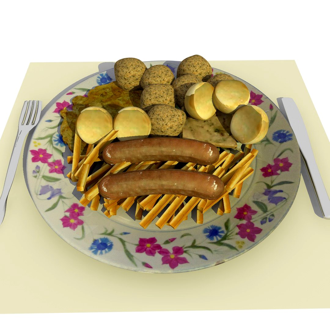 Food Dish with Omlet, Chips, Sausages, Cheese, Potatoes & Lettuce