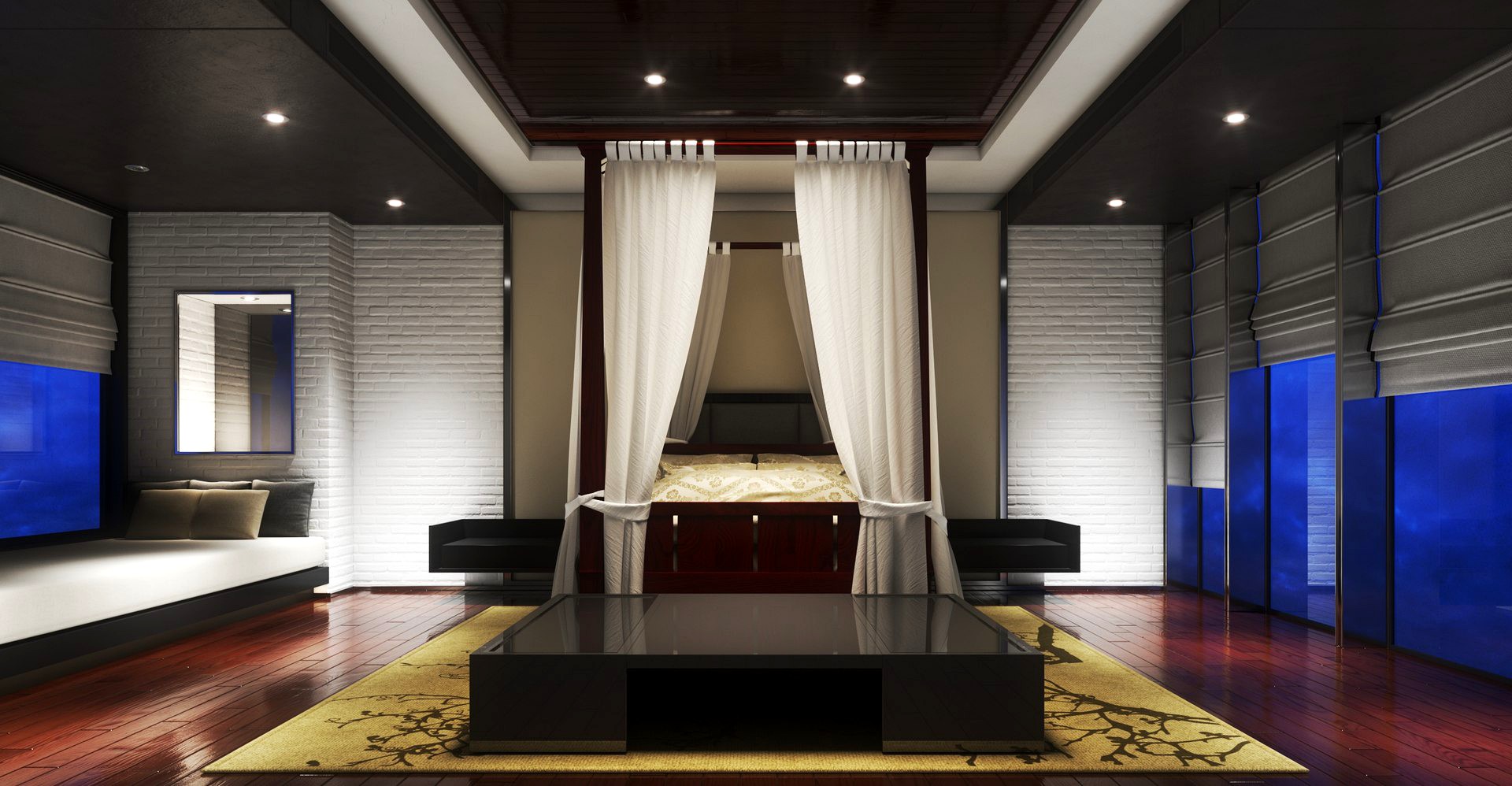 Wooden Poster Bed in Bedroom Interior Setting