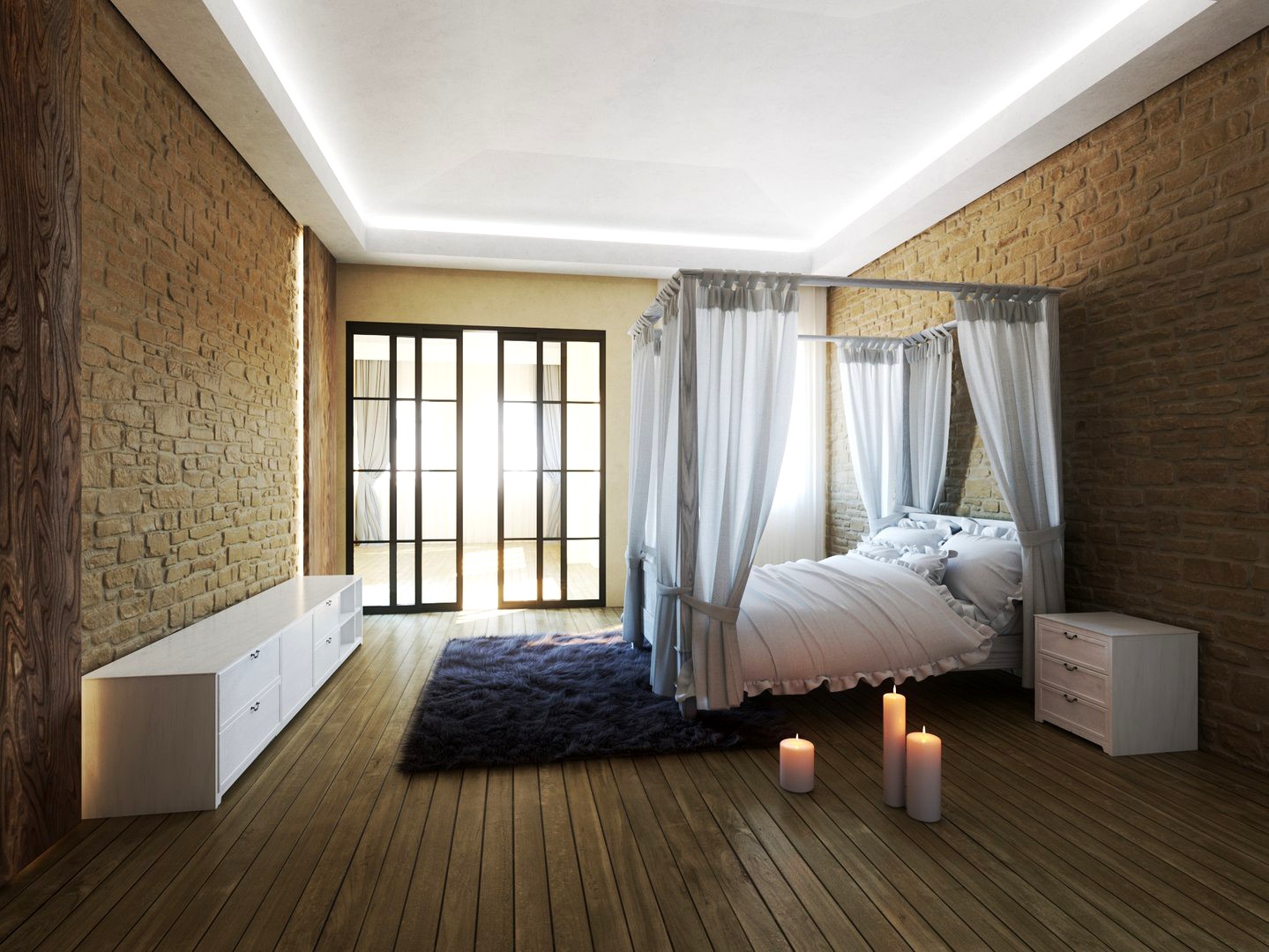 Wooden Poster Bed in Bedroom Interior Setting