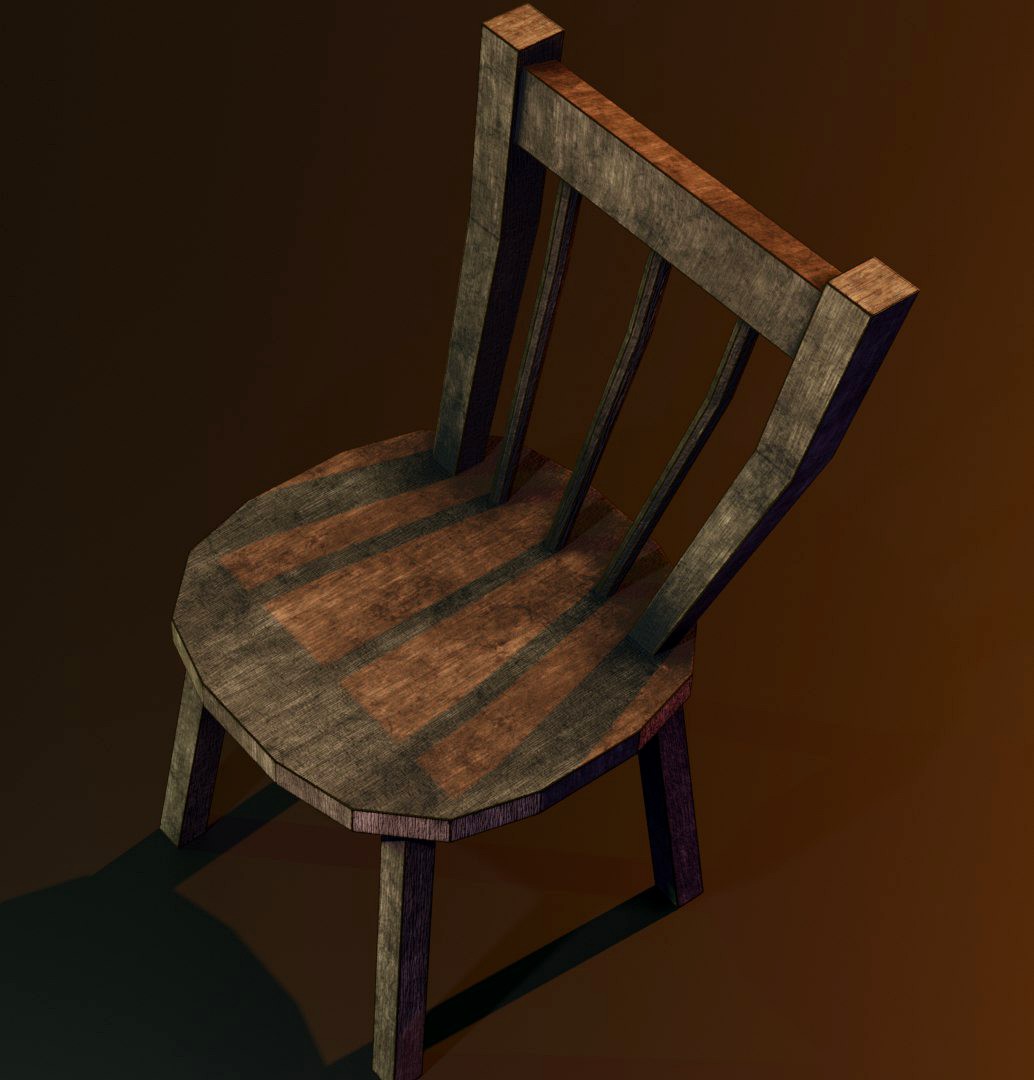 A wooden chair with scuffs and abrasions