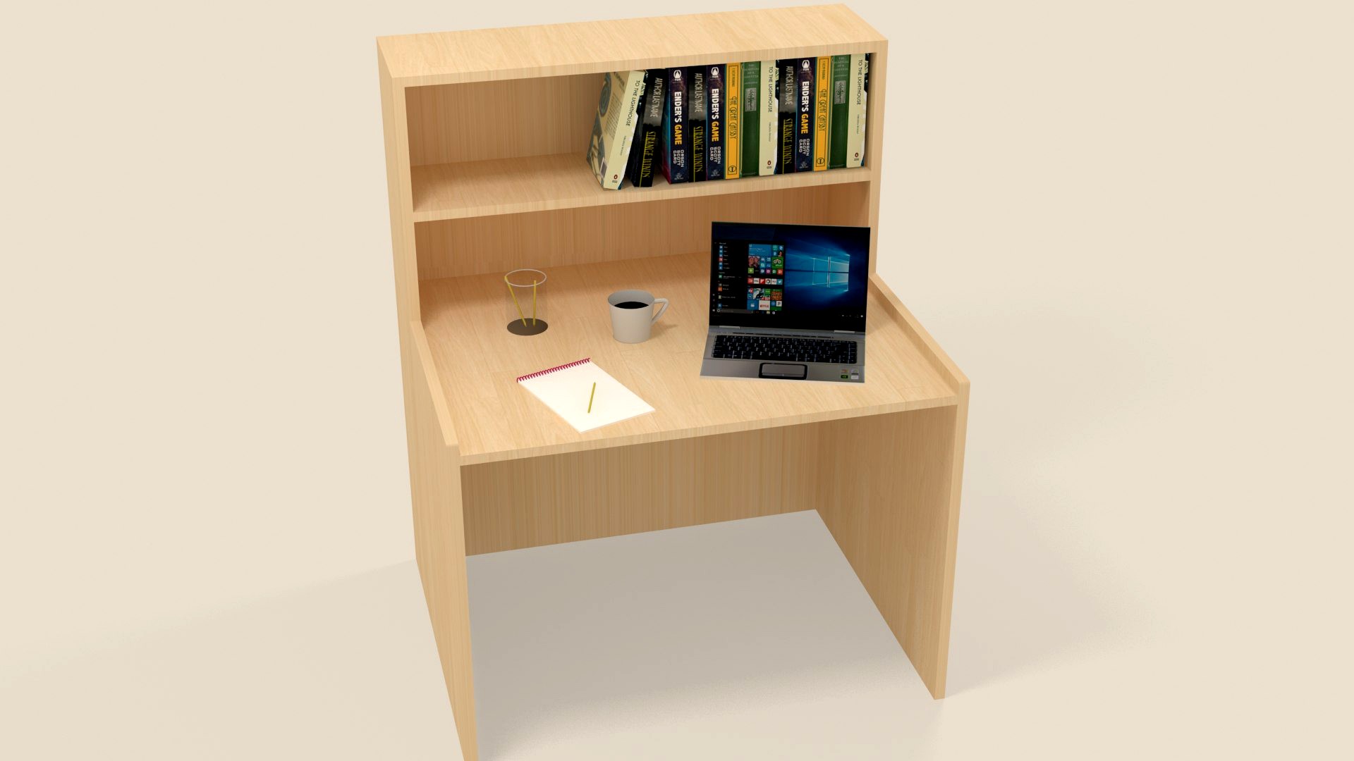 Reading Table with Book, Laptop Coffee Mug, writing pad in Open position