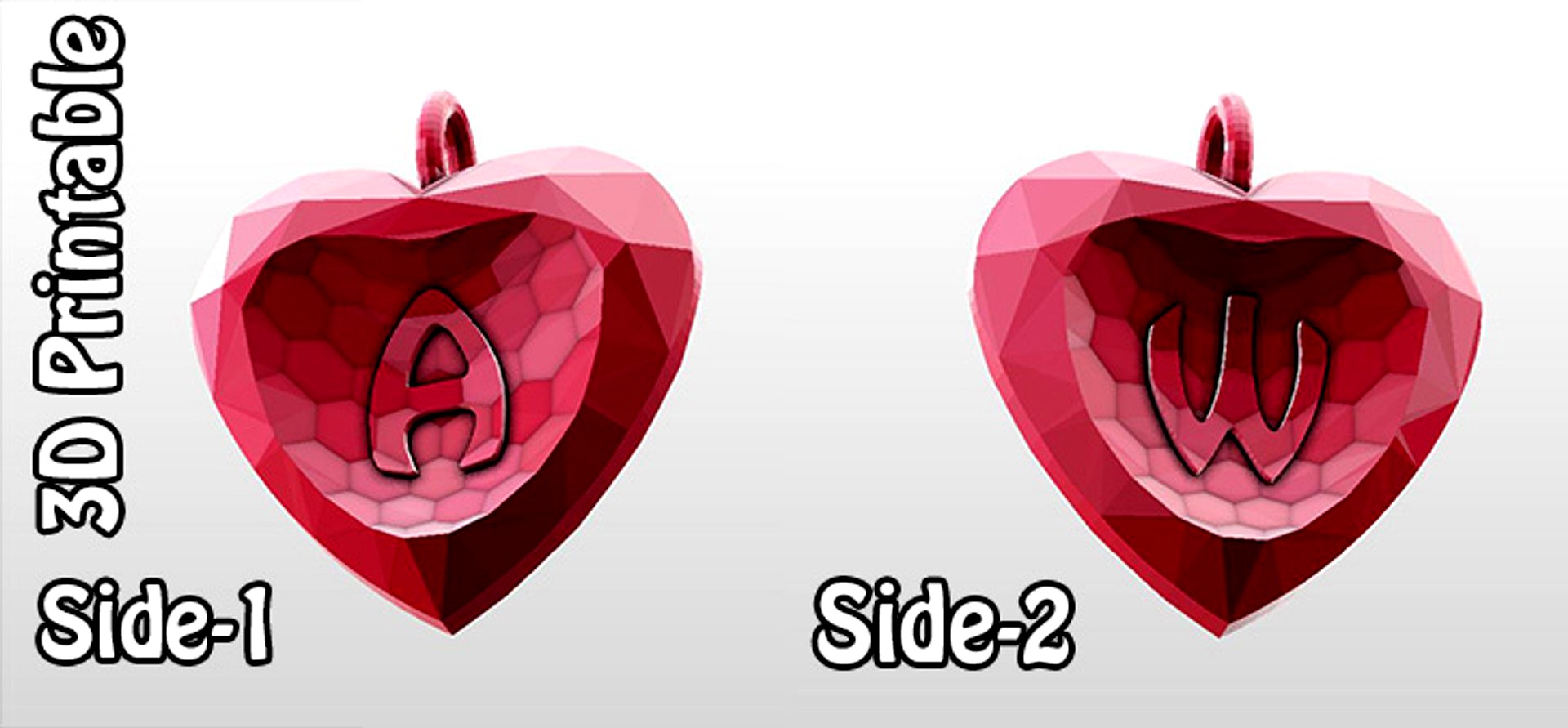 A-W 3D-Printable Valentine Crystal-Heart-TwoLetters Pendant