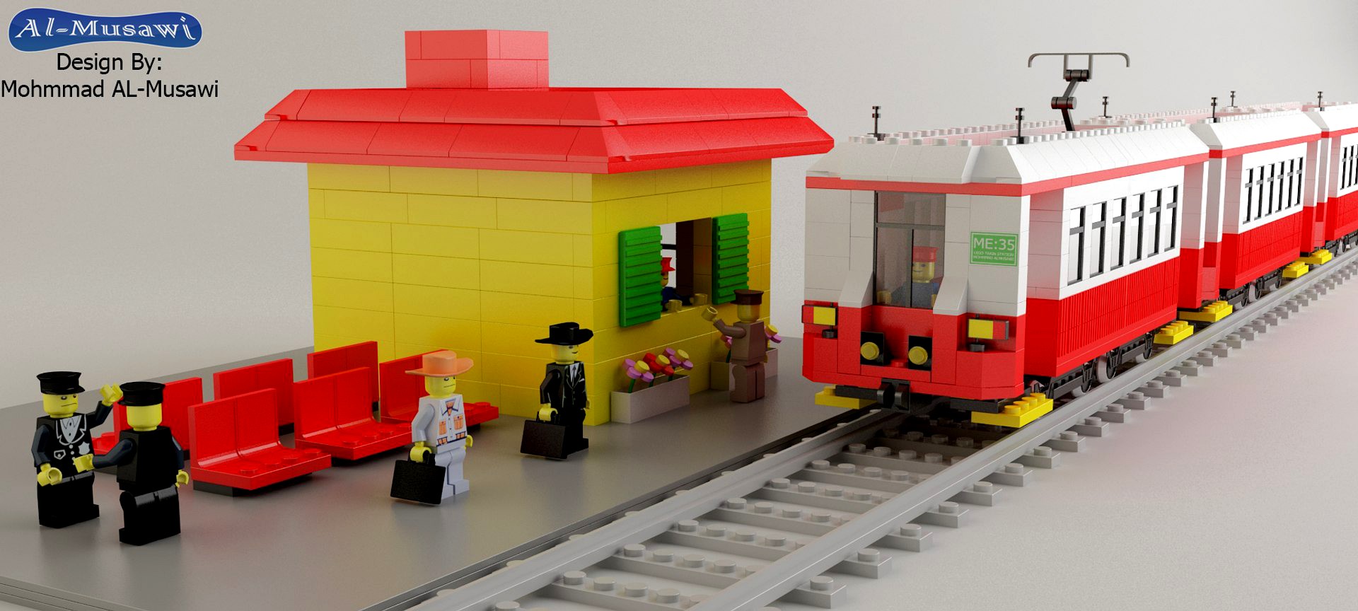 lego train with station and character