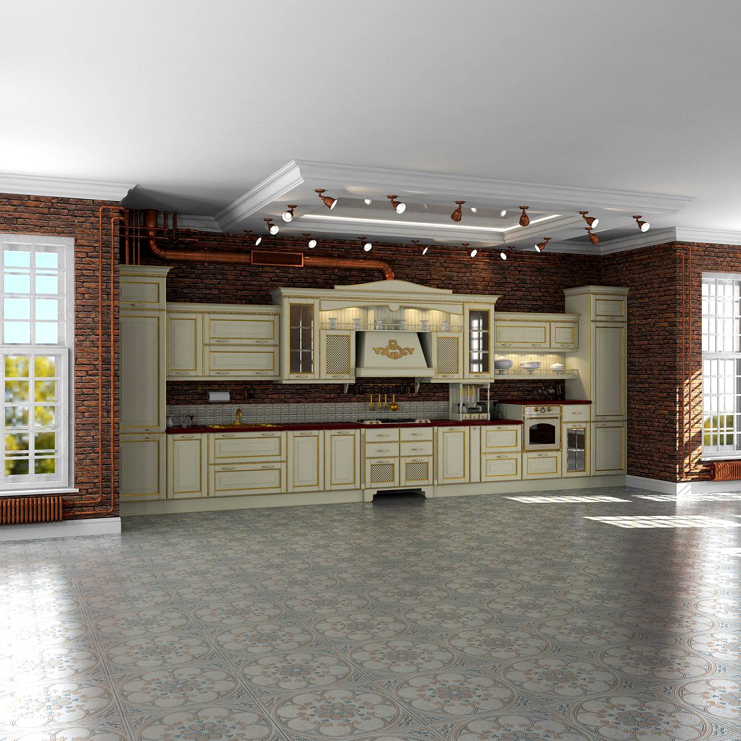Kitchen classic in loft interior scene, Aran, Provenzale
