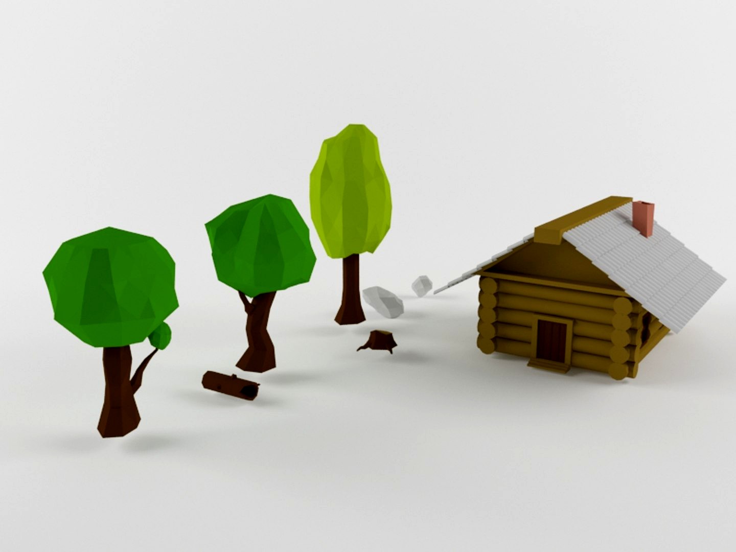 Cartoon trees and hut