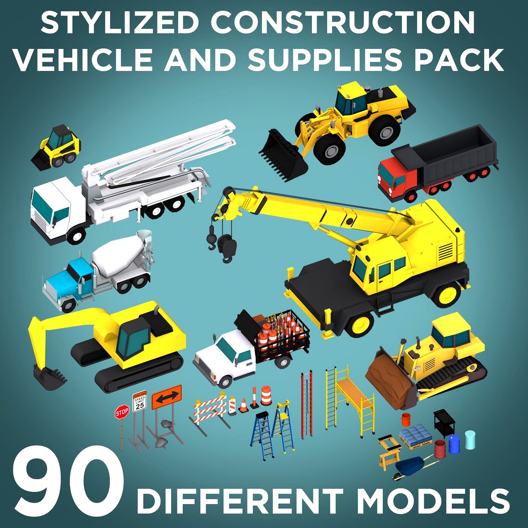 Stylized Construction Vehicle and Supplies Pack