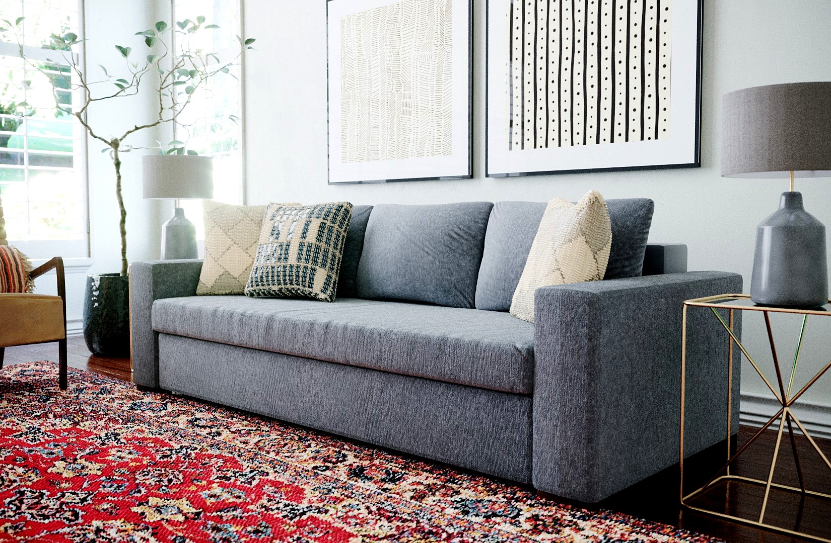 Gray Fabric Sofa With Knitted Pillows Low-poly