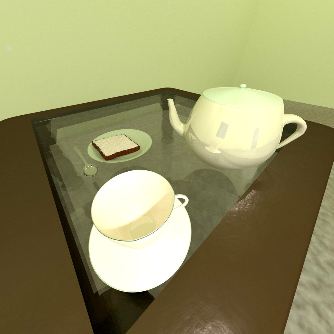 Tea cup, saucer, kettle, spoon & cheese toast