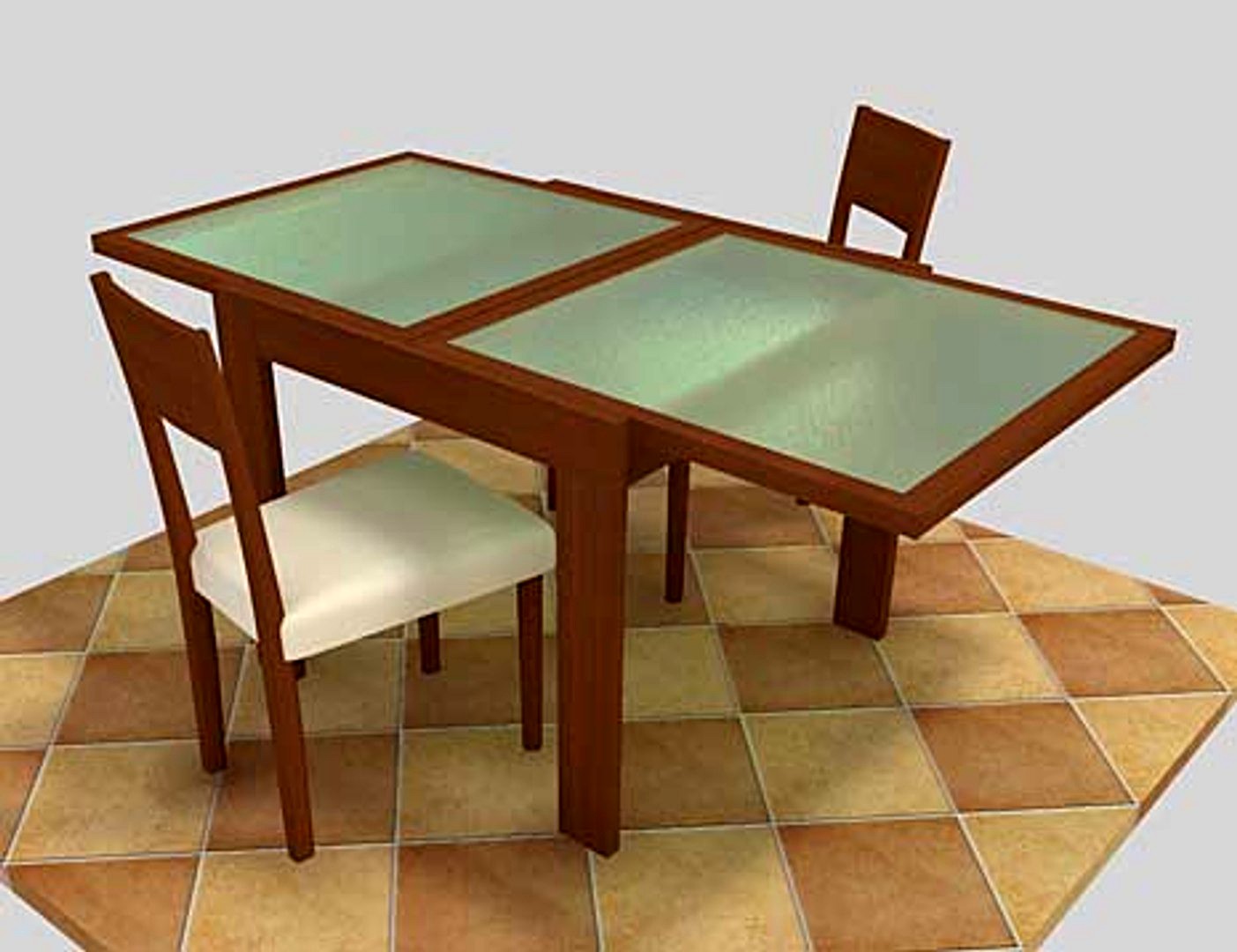 cherry wood table with frosted glass top.