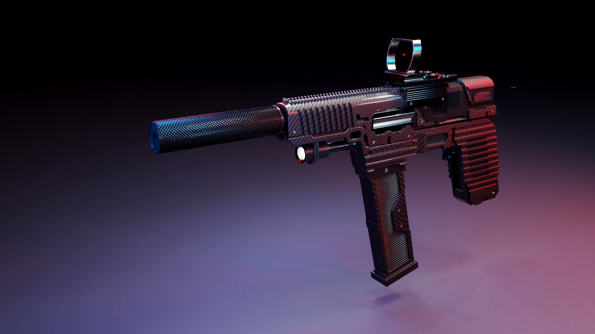SMG Gun with Red Dot Sight and Suppressor