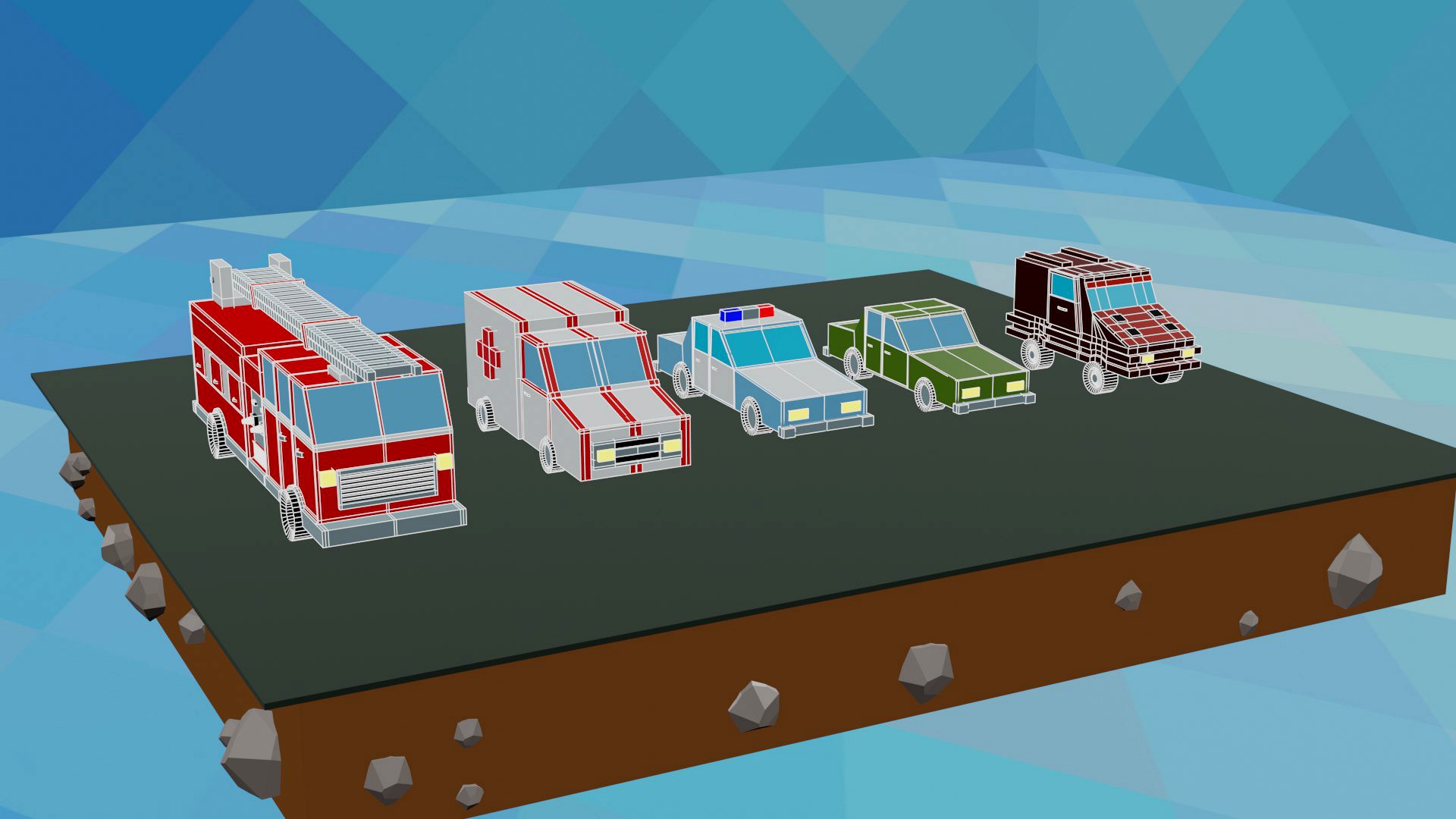 Low poly cars with fire engine and ambulance car