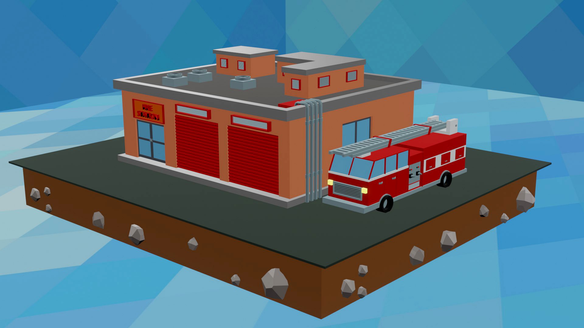 Fire station with fire engine low poly