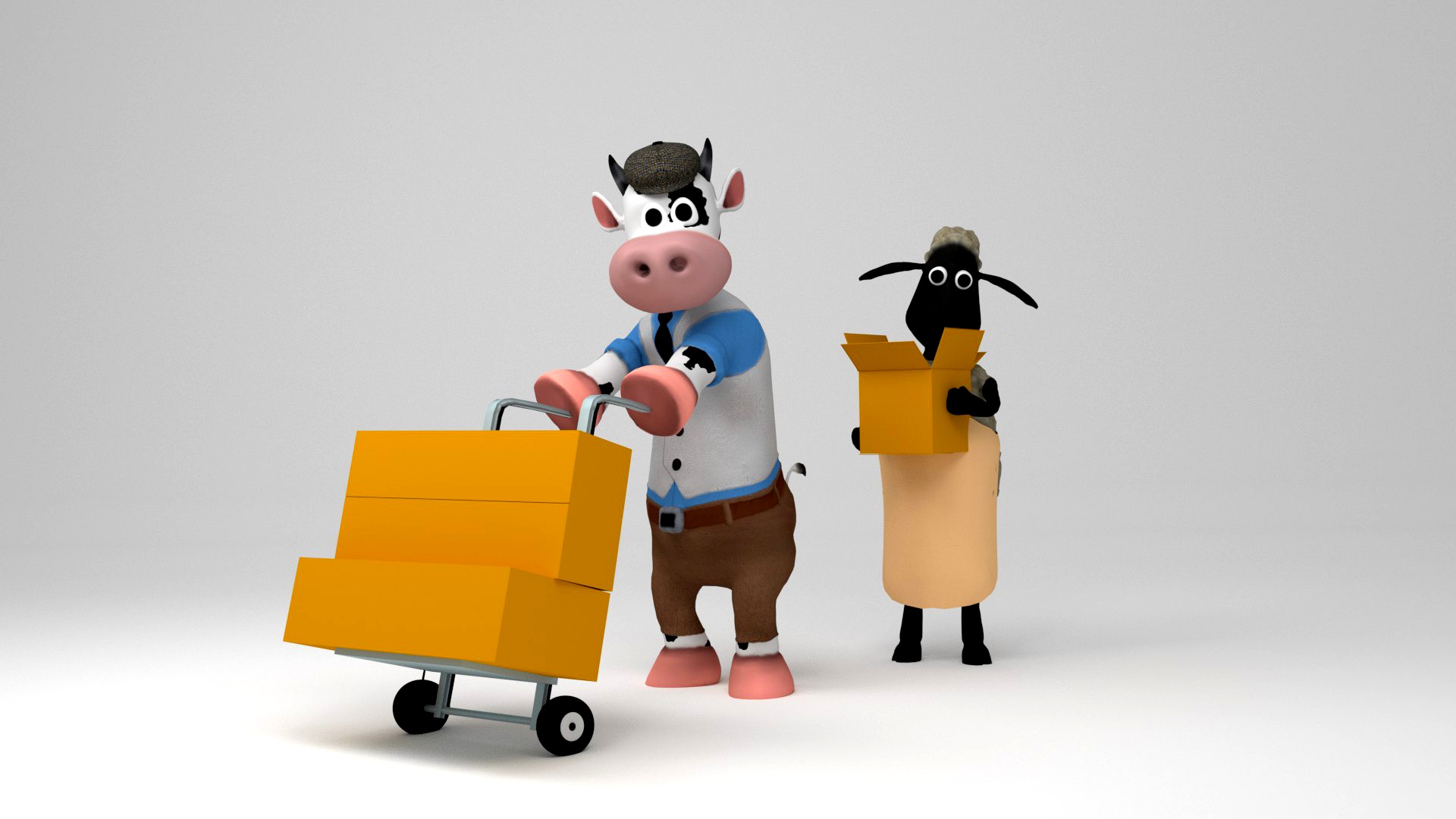 cow, sheep carrying boxes with a wheelbarrow