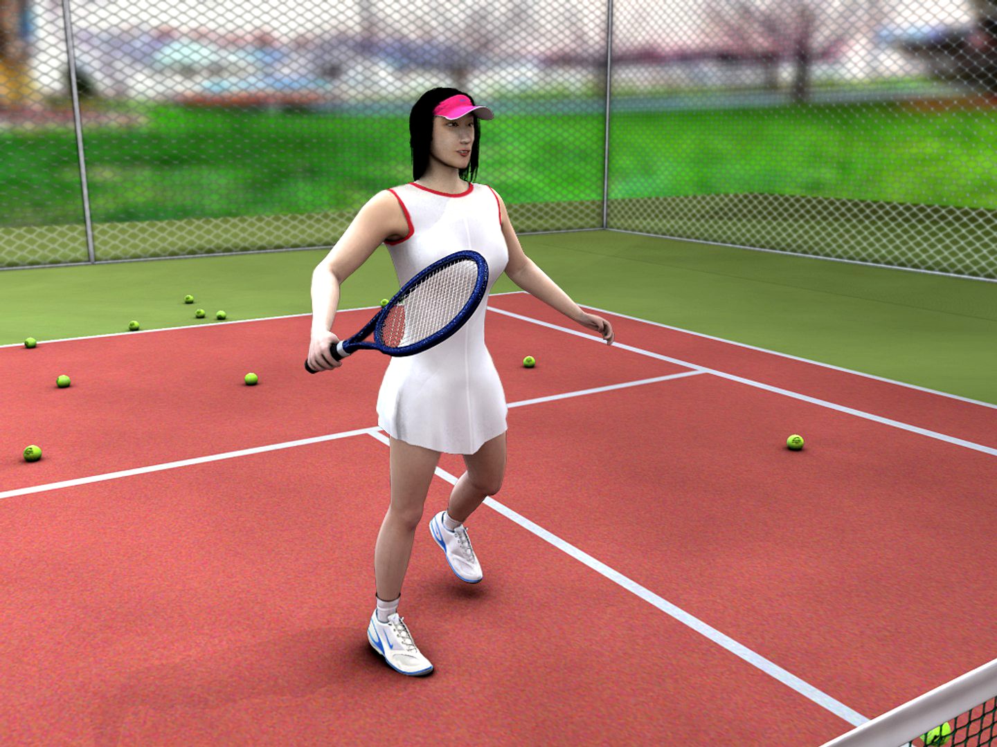 Sports Tennis Girl Model with Tennis Court