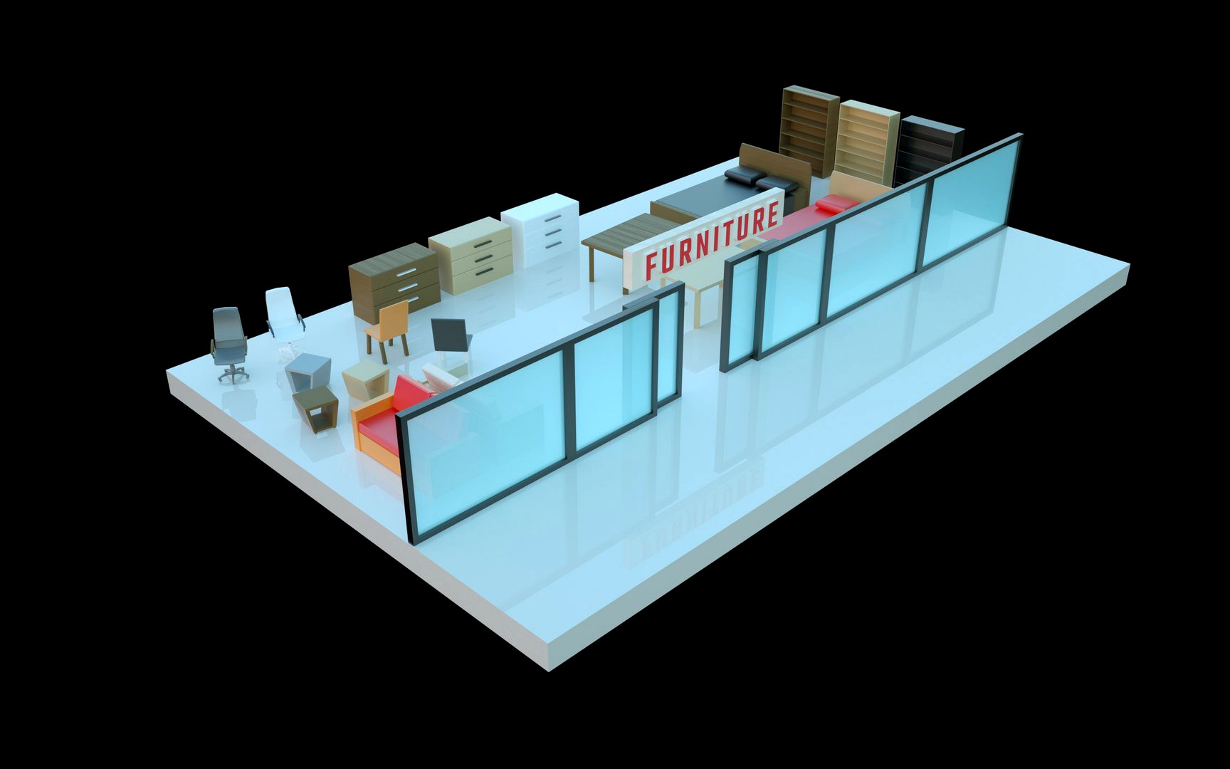 Low-poly isometric shopping mall floor with furniture shop