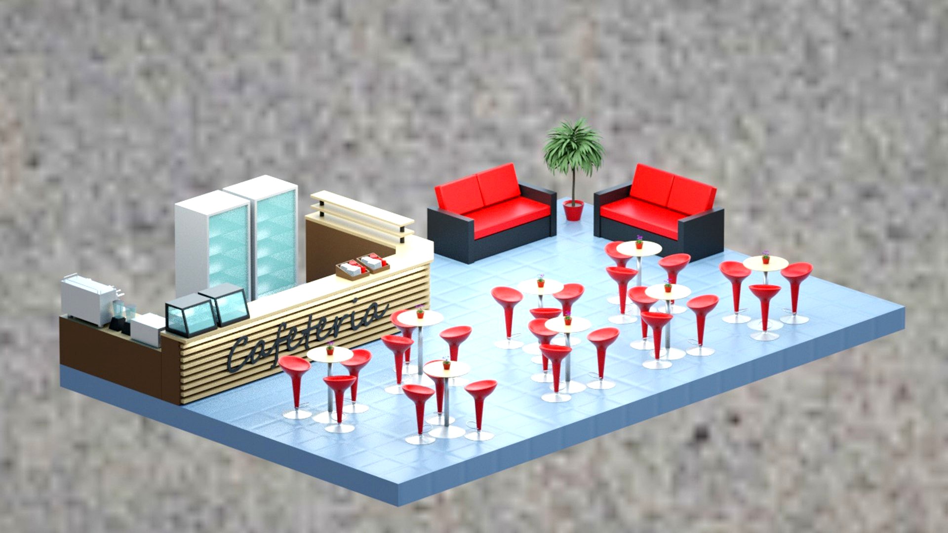 Low-poly isometric cafe zone