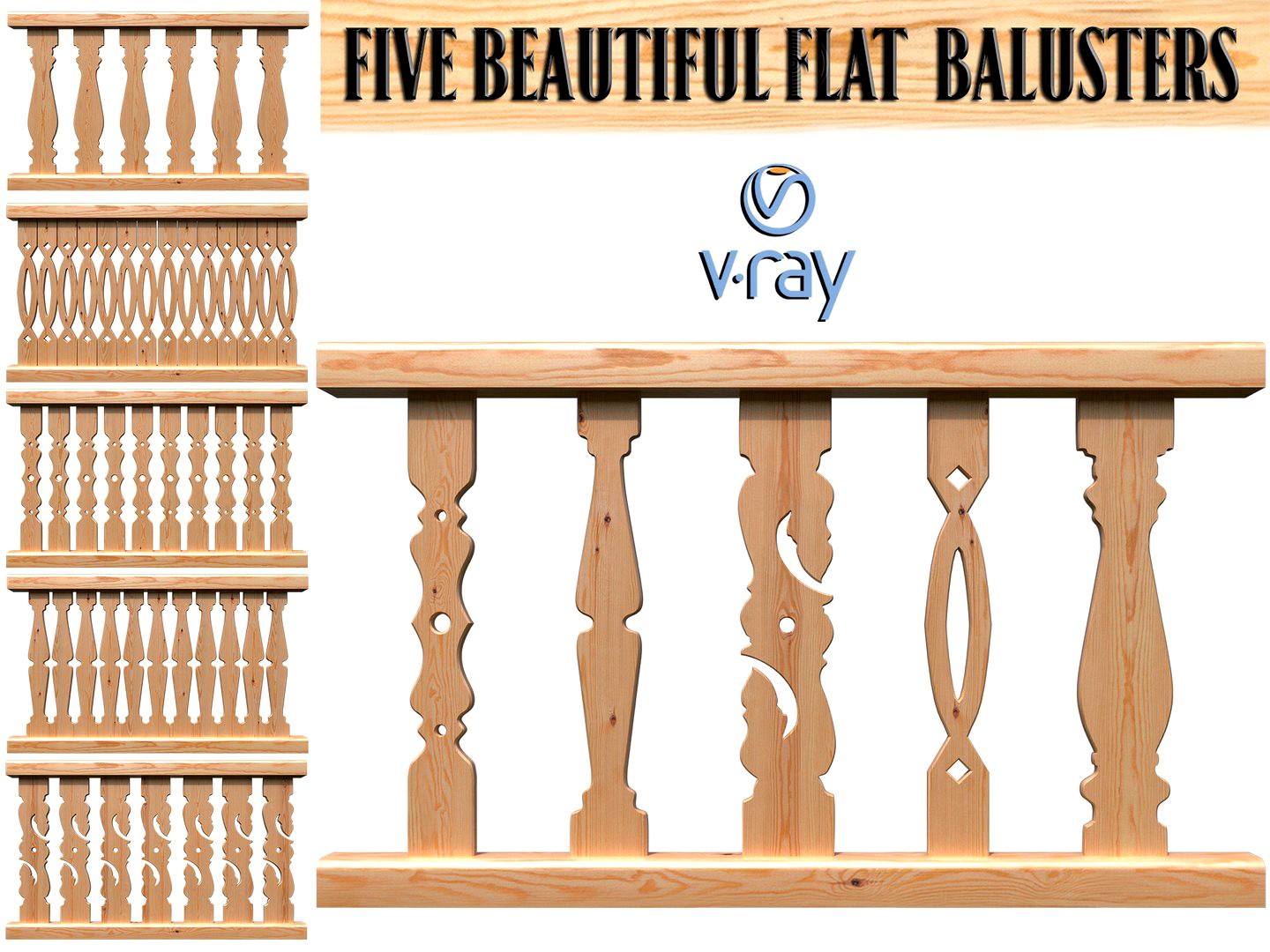 Five beautiful flat balusters