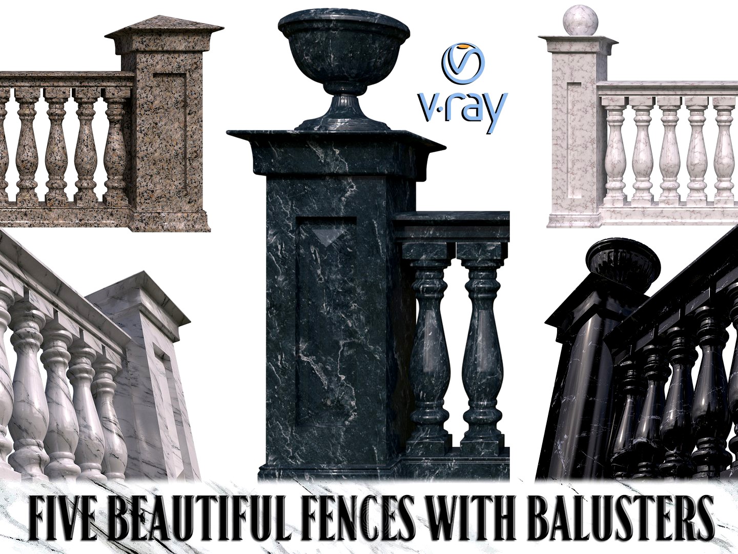 Five fences with balusters and columns
