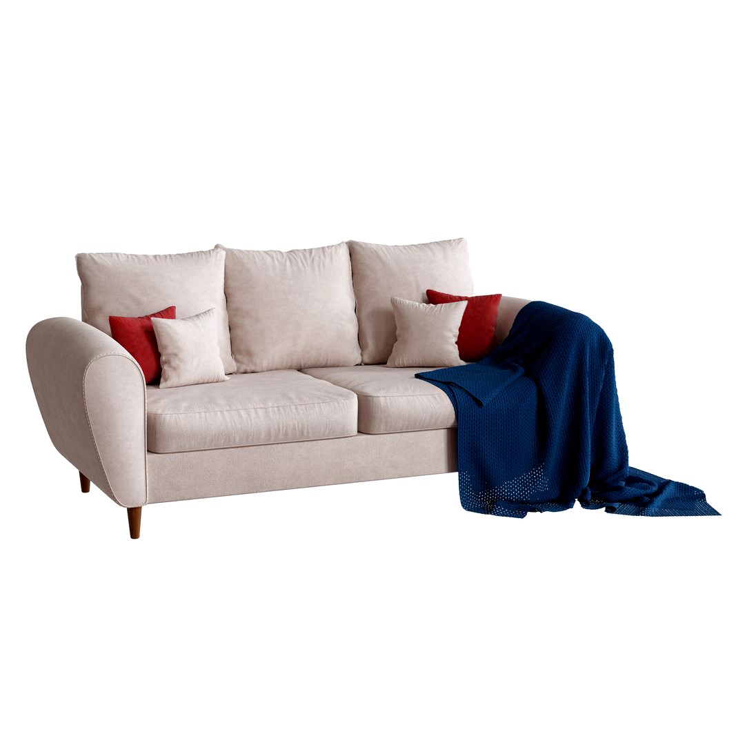 Beige three-seater sofa with a plaid