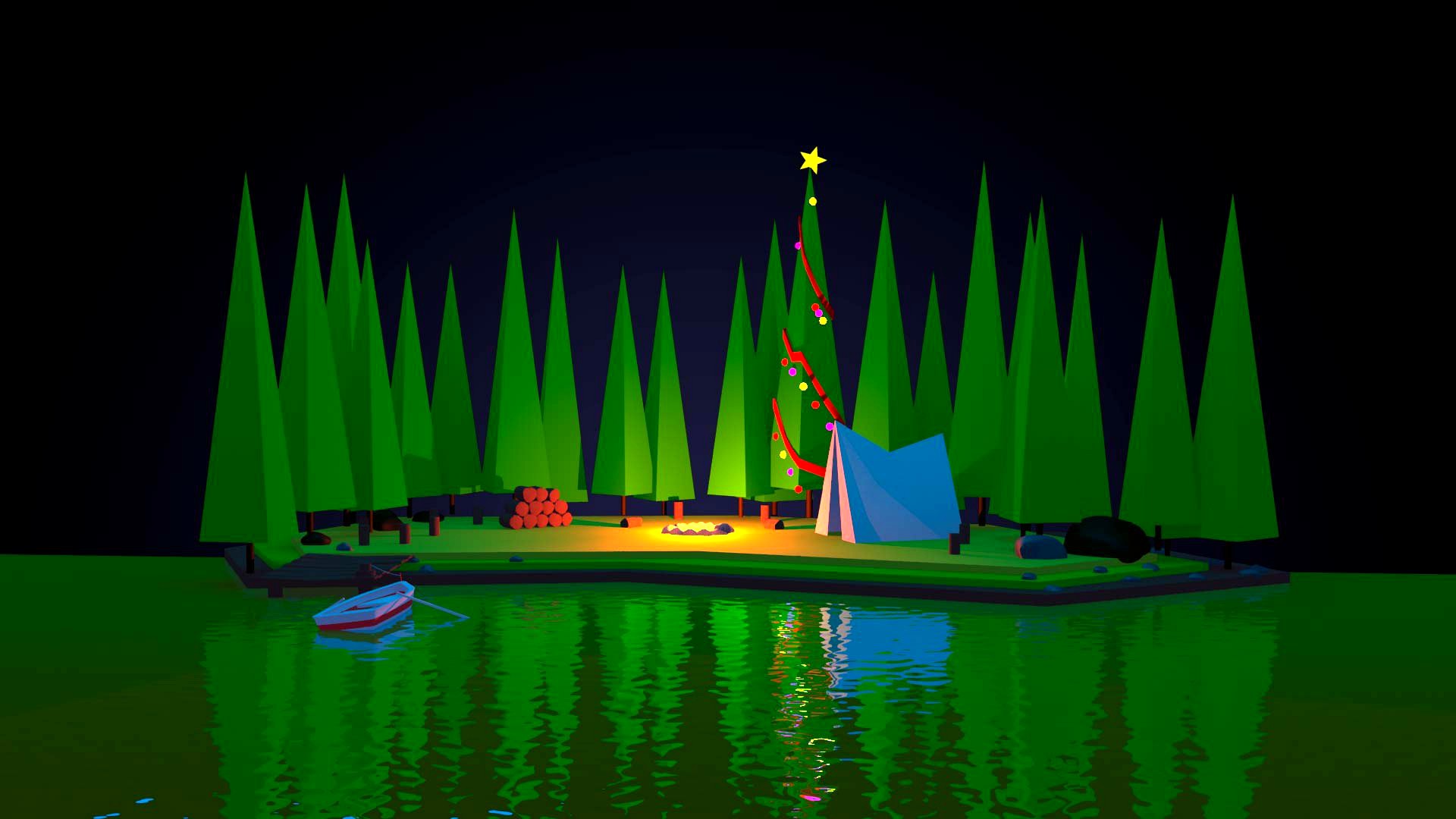 Cristmass installation. Pine, campfire, night