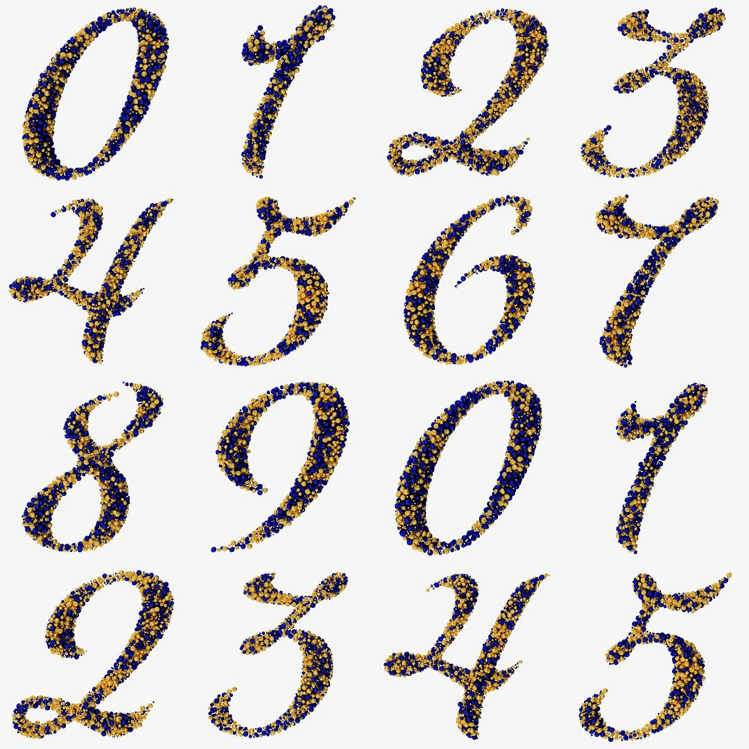 Calligraphic Digits 0-9, Numbers 0-9 from Golden and Blue metallic balls