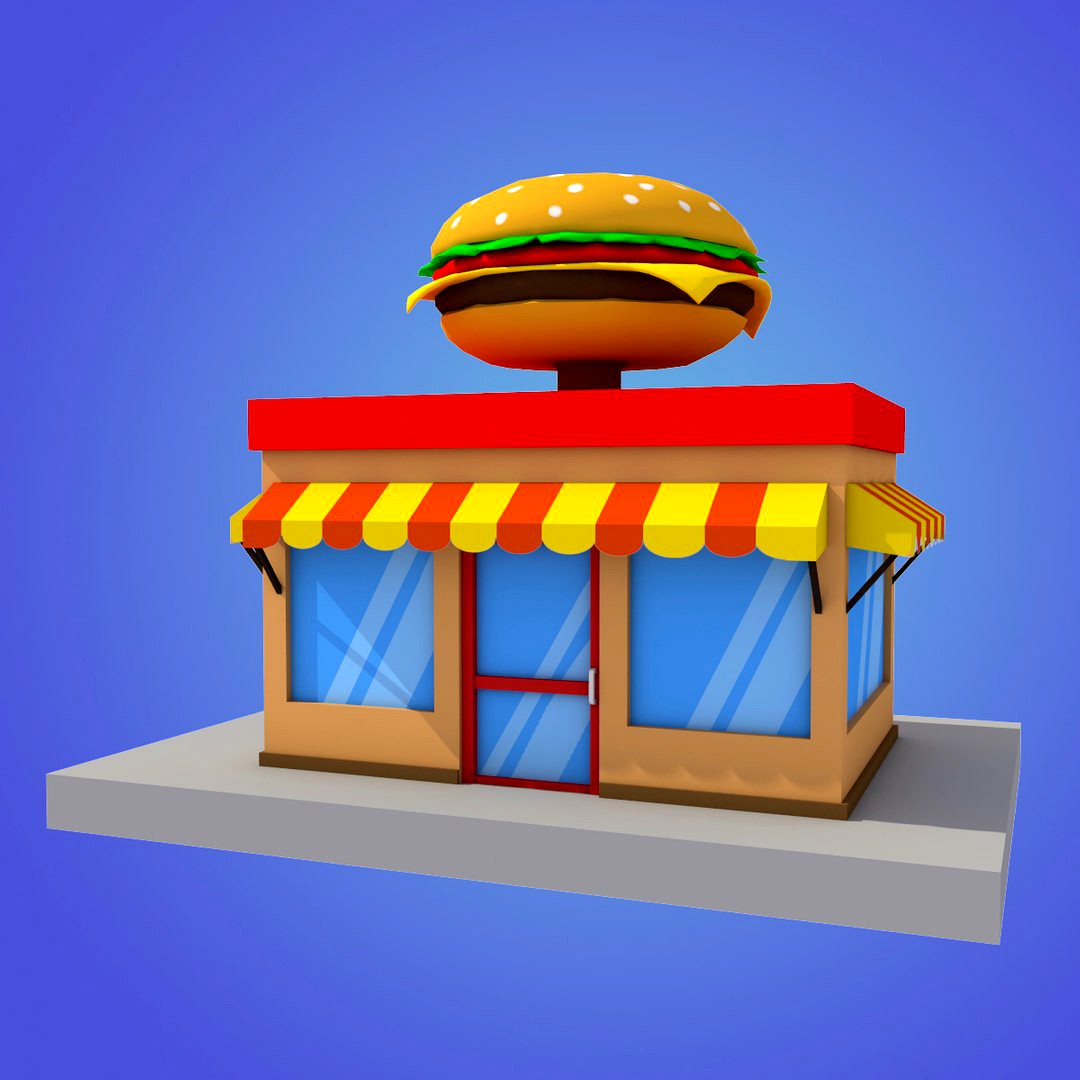 cartoon burger house building low poly