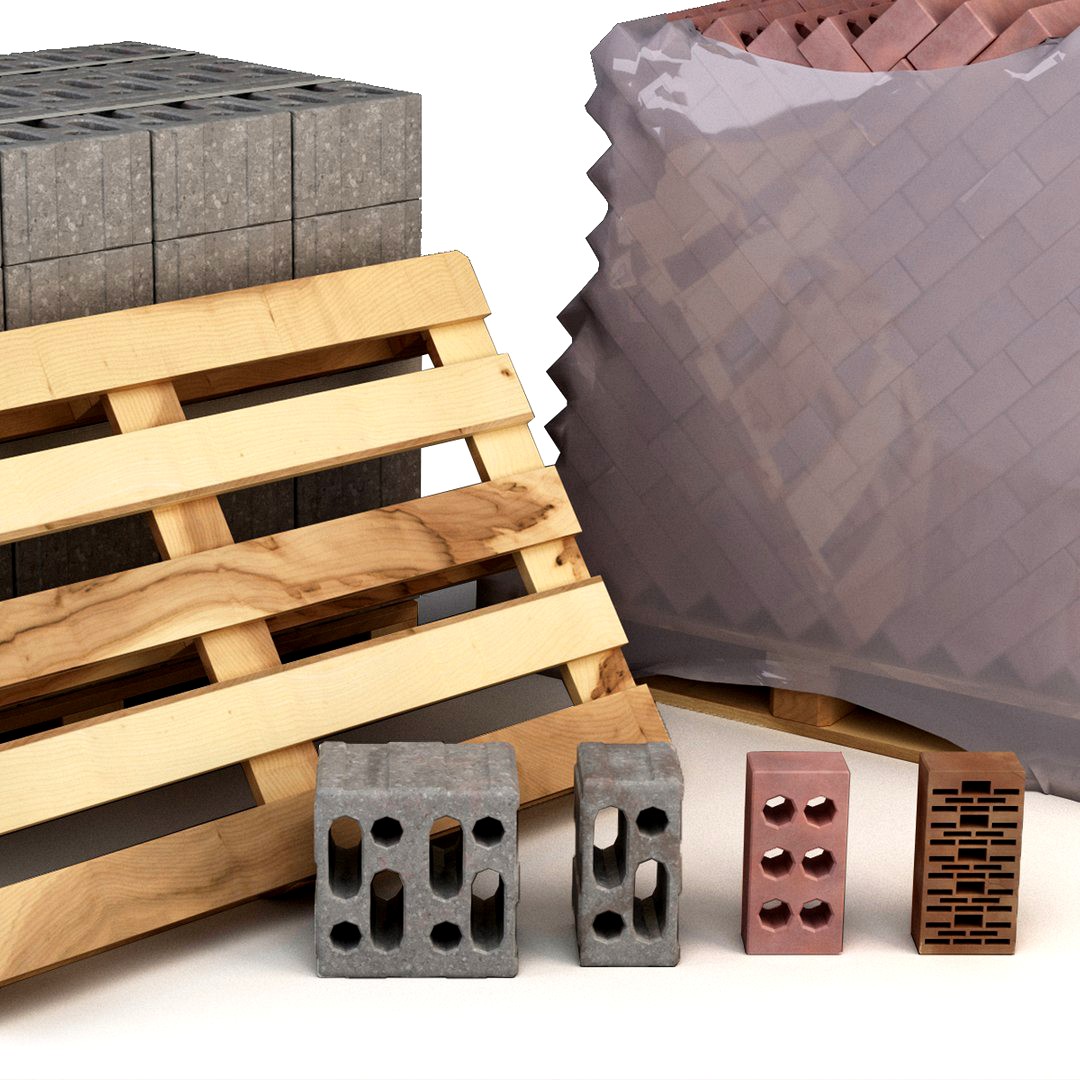 Set of bricks of different sizes and materials