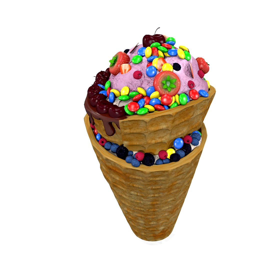 Waffle Ice Cream Con with Berries and Candy