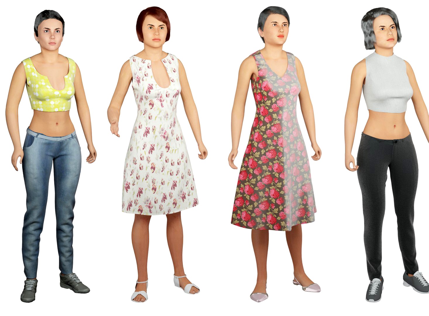 4x different women model pack real cloth simulation, conversation loop animation