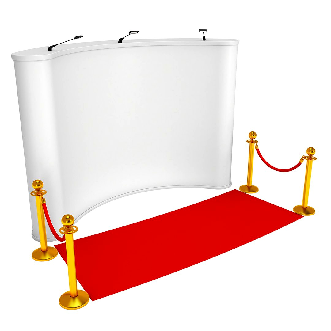 Trade show booth white and blank with gold rope barrier and red carpet