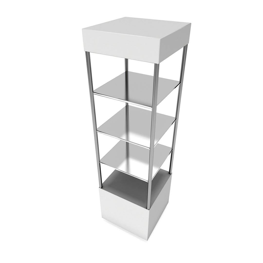 Showcase with glass shelves for exhibit. Trade show booth mock-up pedestal for expo design.