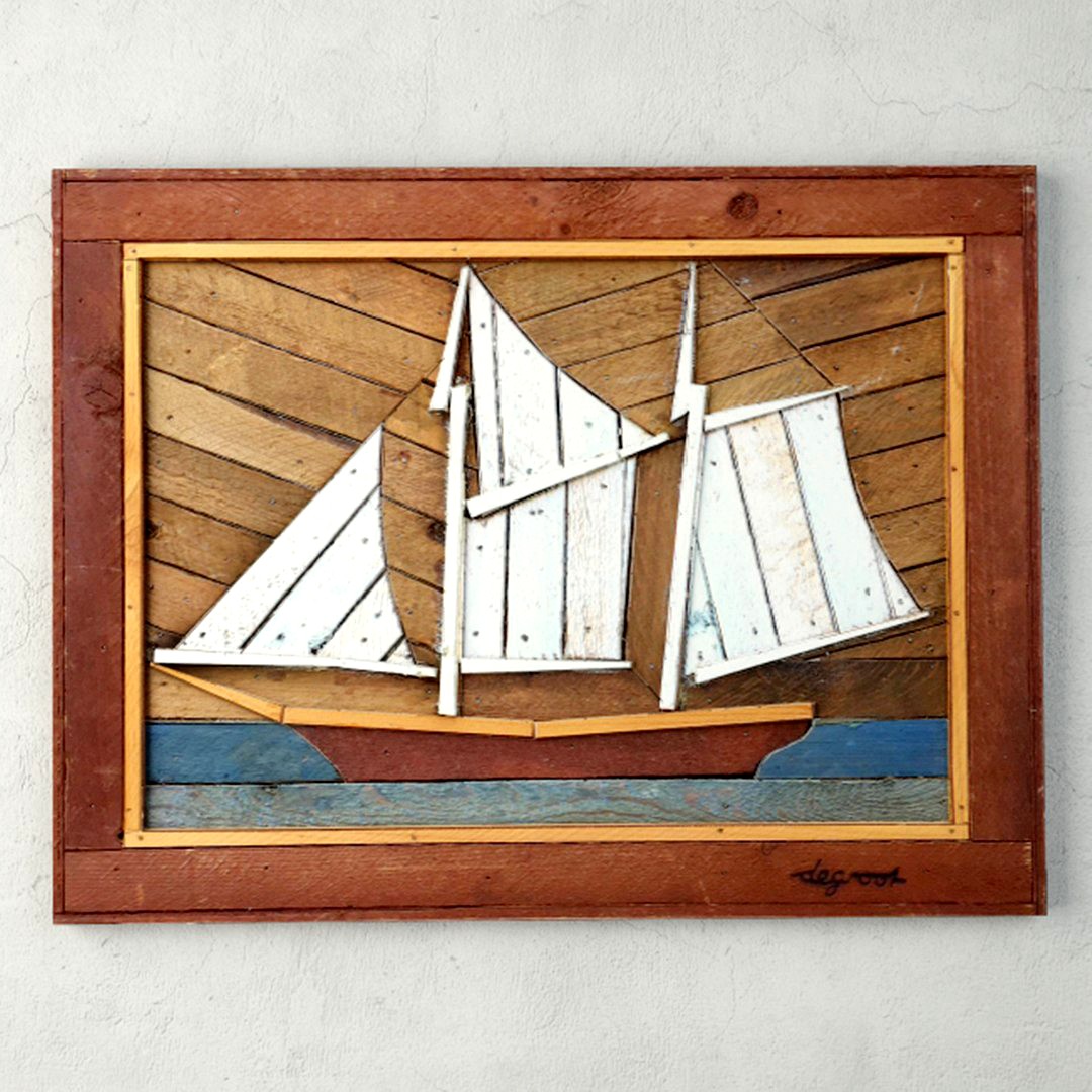 Folk Art Painted Wood Lathe Assemblage Ship