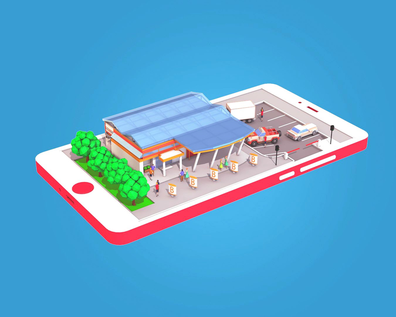 Low Poly Supermarket on phone screen 3D model
